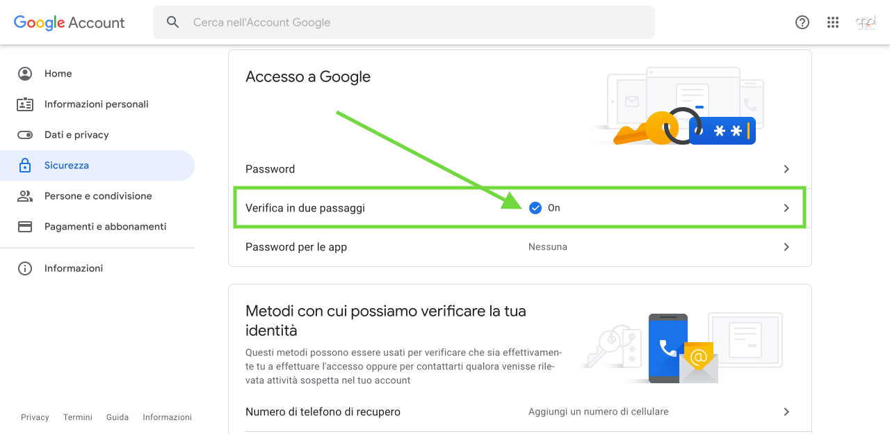 Google Account attivare autenticazione a due fattori