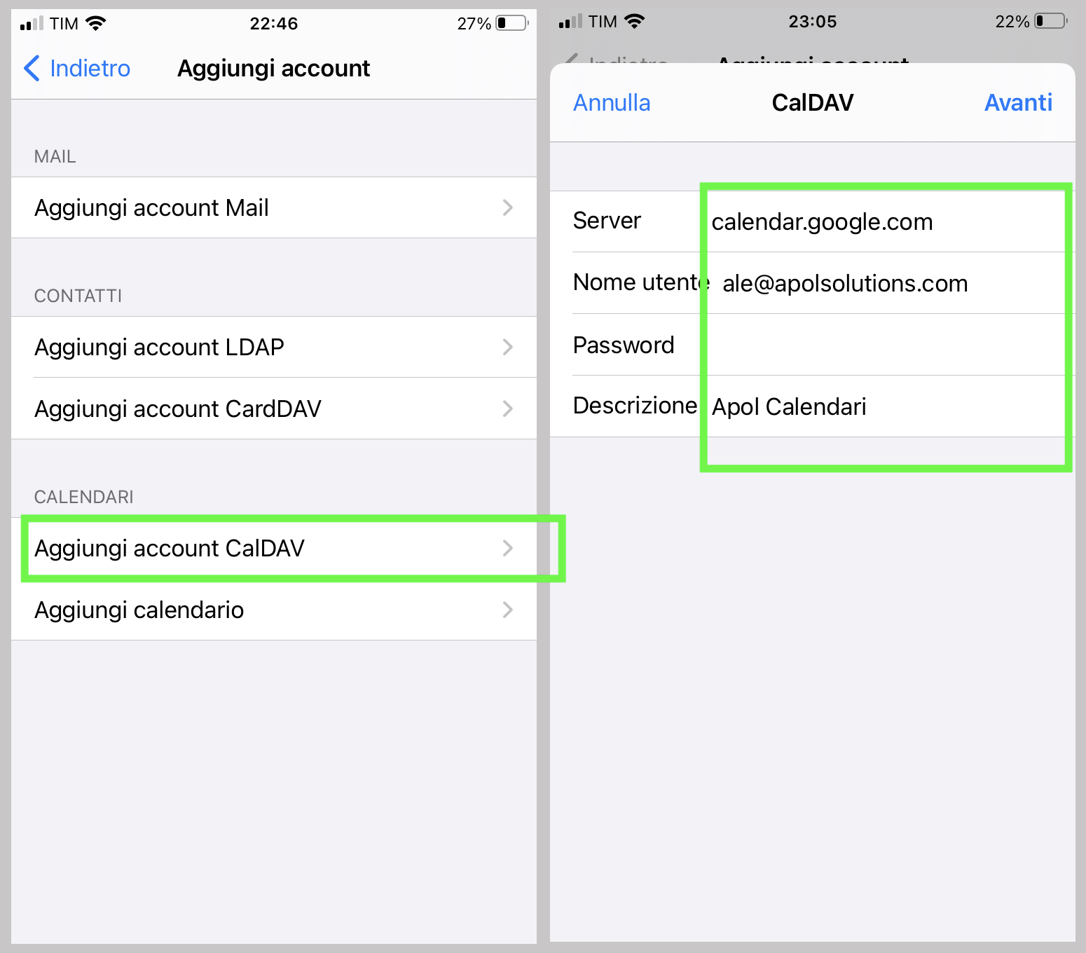 iPhone aggiungi nuovo account calendario calDAV per risolvere errore verifica dell'account CalDAV non riuscita