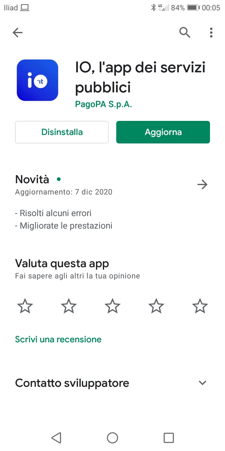 App IO Android aggiornamento 7 dicembre 2020