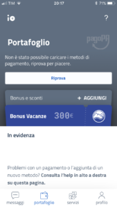 App IO cashback schermata errore: non è stato possibile caricare i metodi di pagamento, riprova per piacere