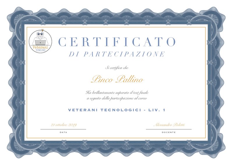 Certificato di partecipazione al corso Veterani Tecnologici