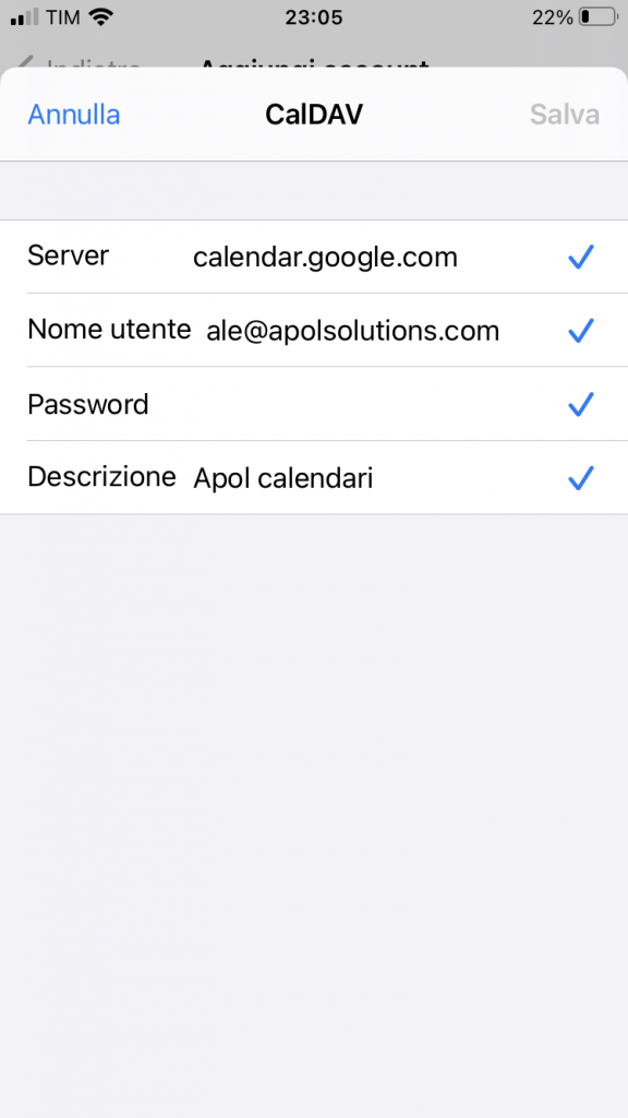 configurazione account calDAV su iPhone conclusa con successo