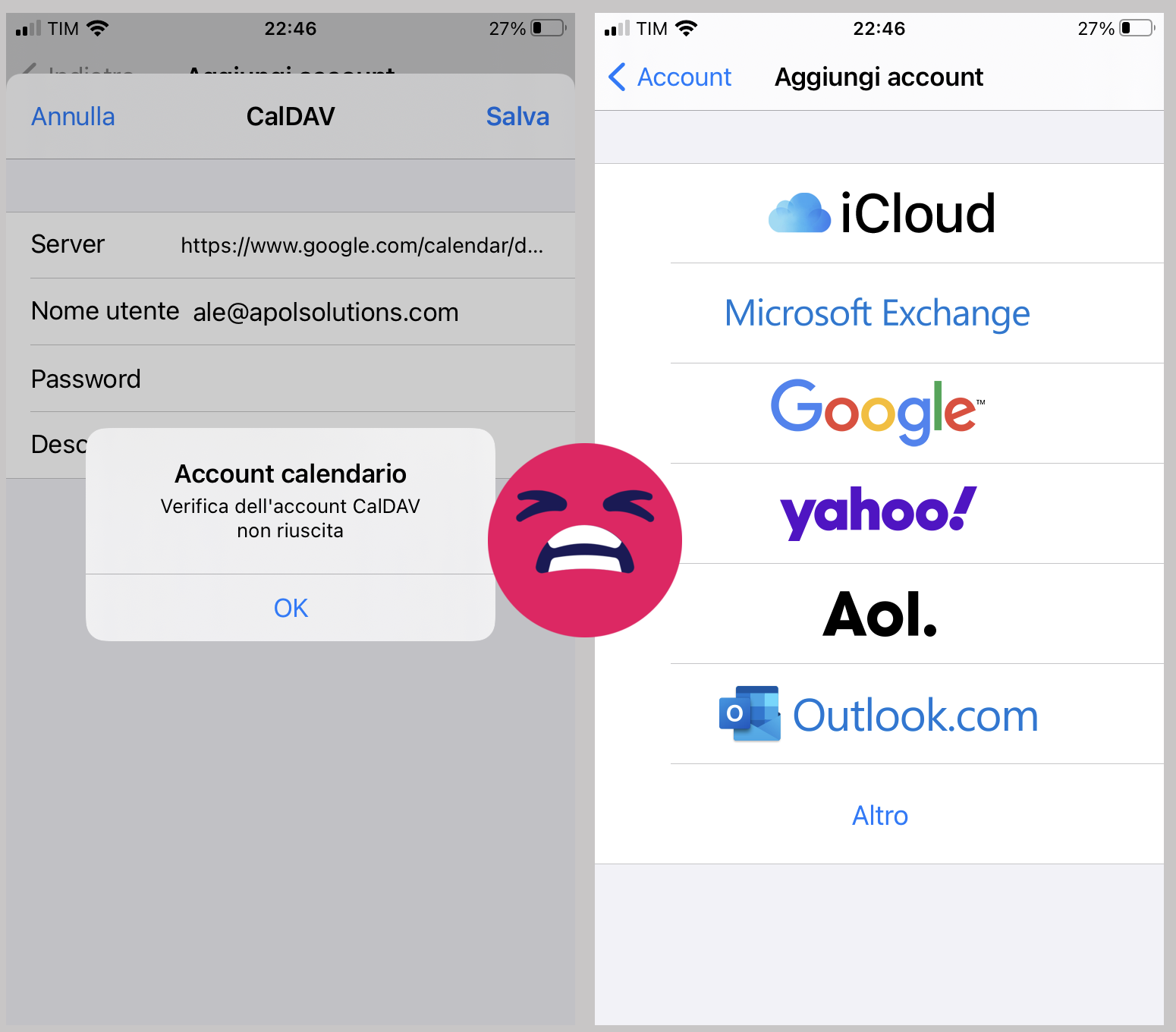 Account Calendario errore verifica dell'account CalDAV non riuscita