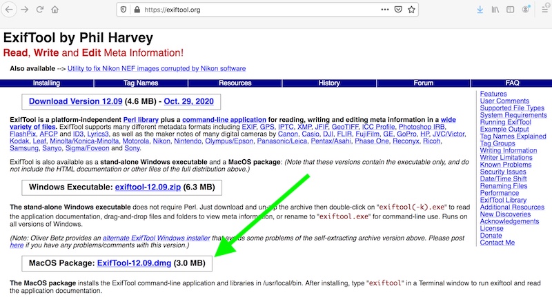 Il sito del tool ExifTool by Phil Harvey