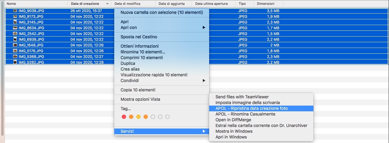 Lancio dell'esecuzione del servizio Automator per ripristinare la data creazione foto