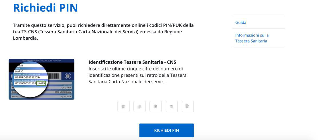 Richiesta PIN online Carta Regionale Servizi Lombardia: inserimento ultime cifre