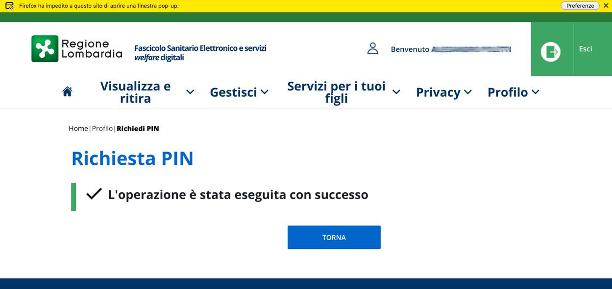 Richiesta PIN online Carta Regionale Servizi Lombardia: richiesta eseguita