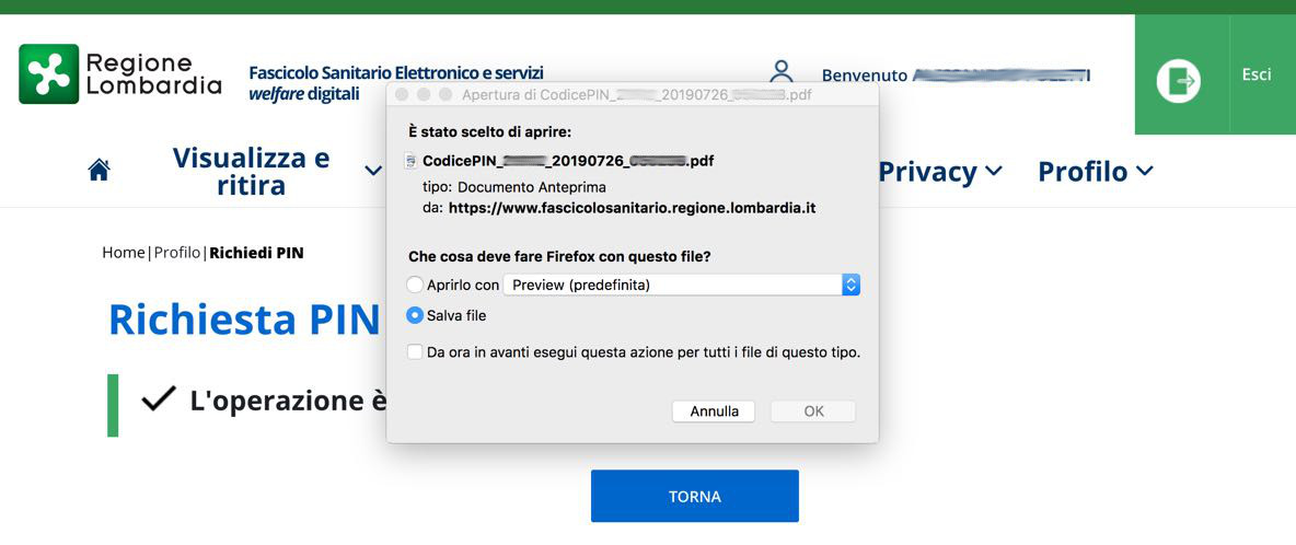 Richiesta PIN online Carta Regionale Servizi Lombardia: download pdf con i codici