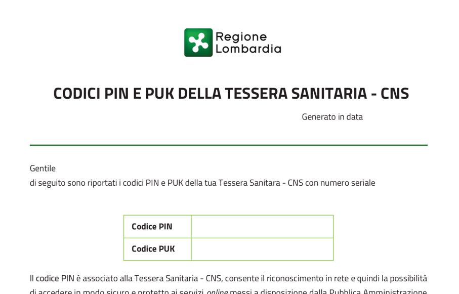 Richiesta PIN online Carta Regionale Servizi Lombardia: apertura file con i codici PIN e PUK