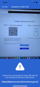 Schermata App CIE ID scansiona codice QR inquadratura