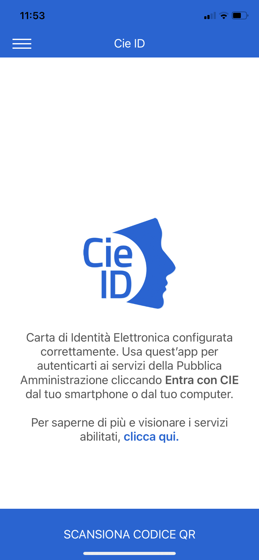 Schermata App CIE ID scansiona codice QR