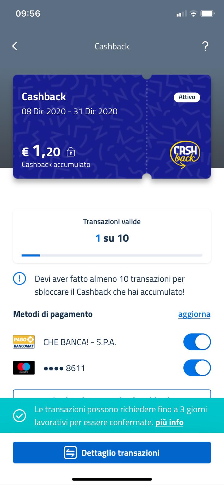 Schermata app IO Cashback numero di Transazioni