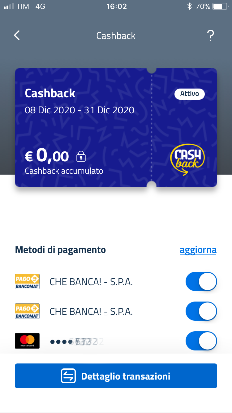Schermata App IO cashback con il pulsante Dettaglio transazioni