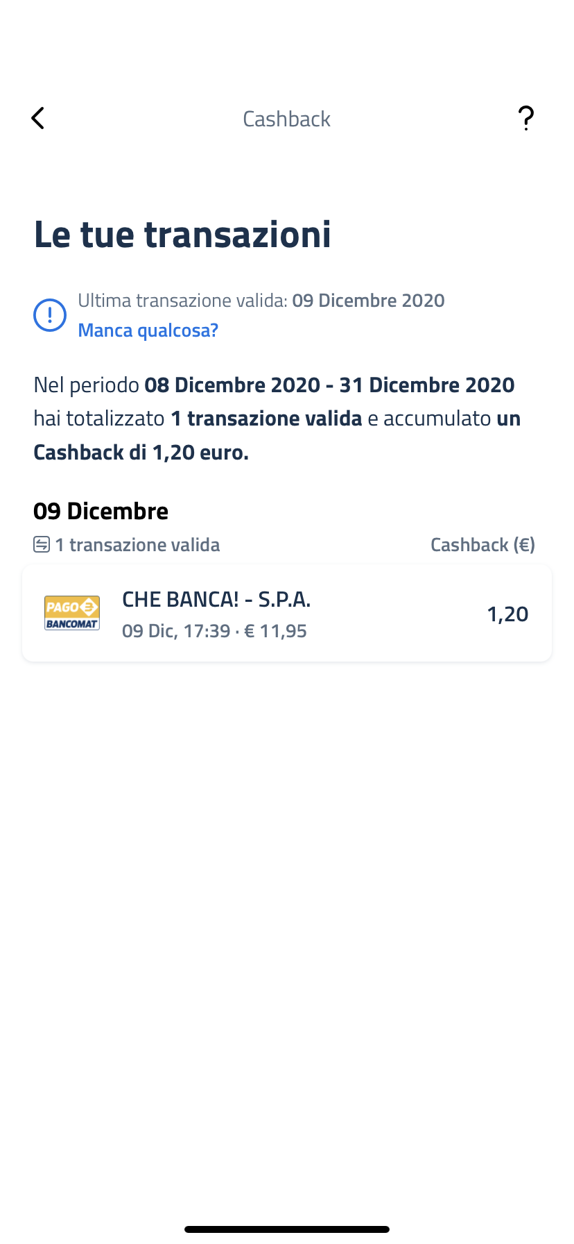 Schermata app IO Cashback dettaglio transazioni