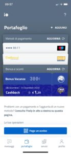 Schermata app IO Cashback portafoglio importo totale